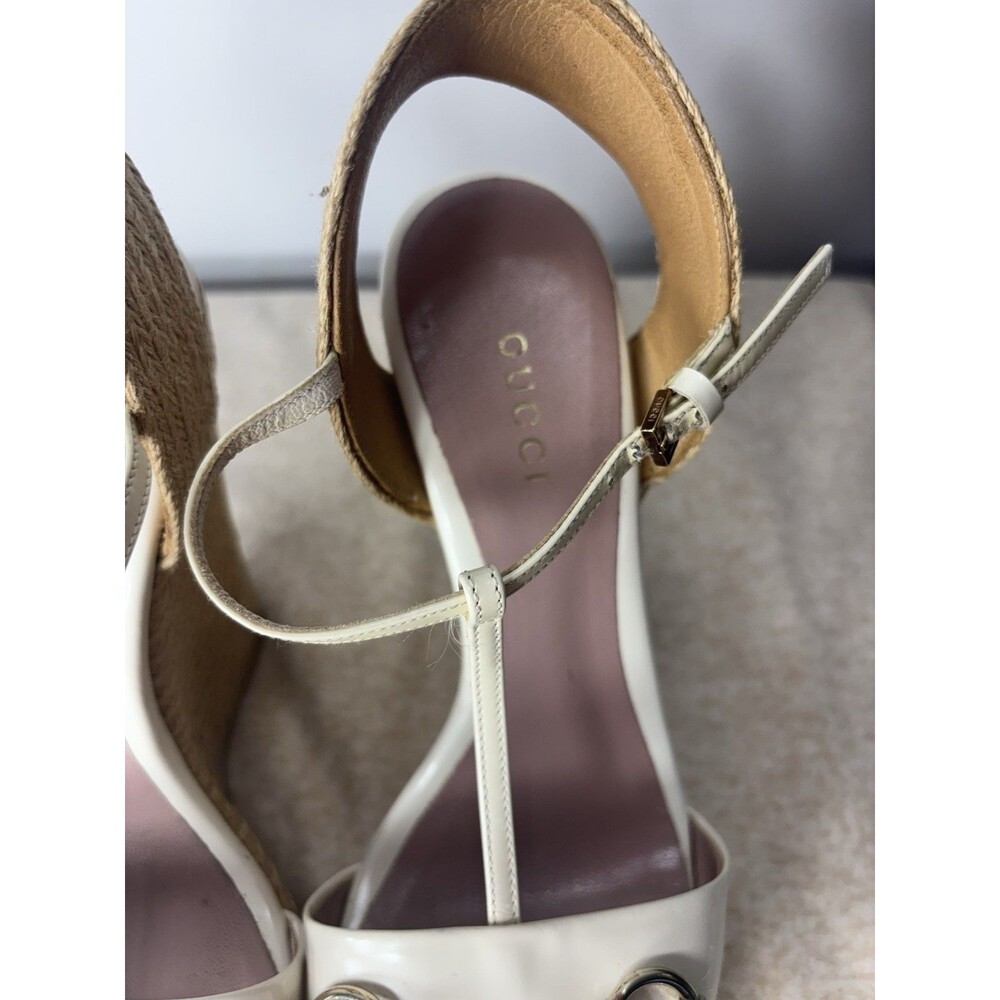 GUCCI  Women’s Horsebit Wedge High Heel Ankle Strap Cream Sandals 388866 Sz 36 - Picture 8 of 15